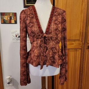 Free People Boho V Neck Tie Front Tribal Patterned Brown Top Size Small